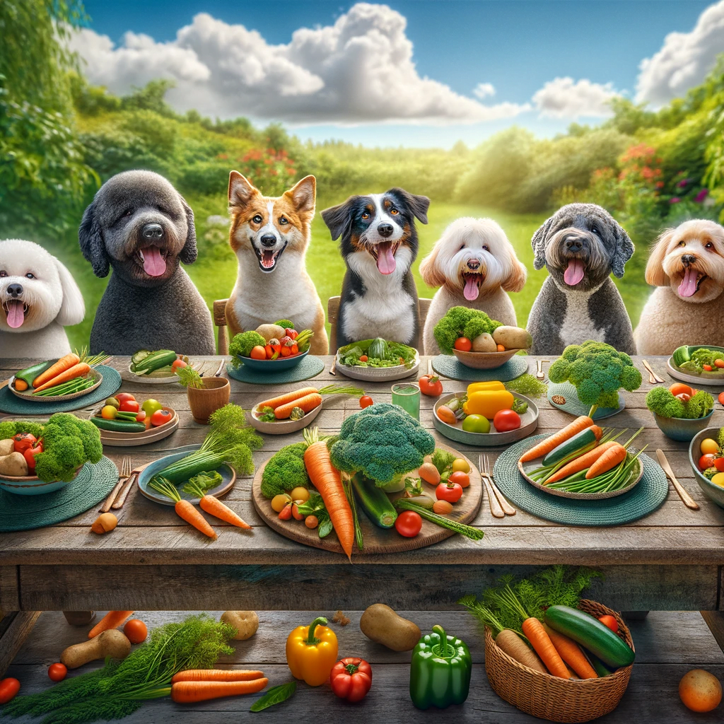 a group of dogs sitting at a table with food on plates