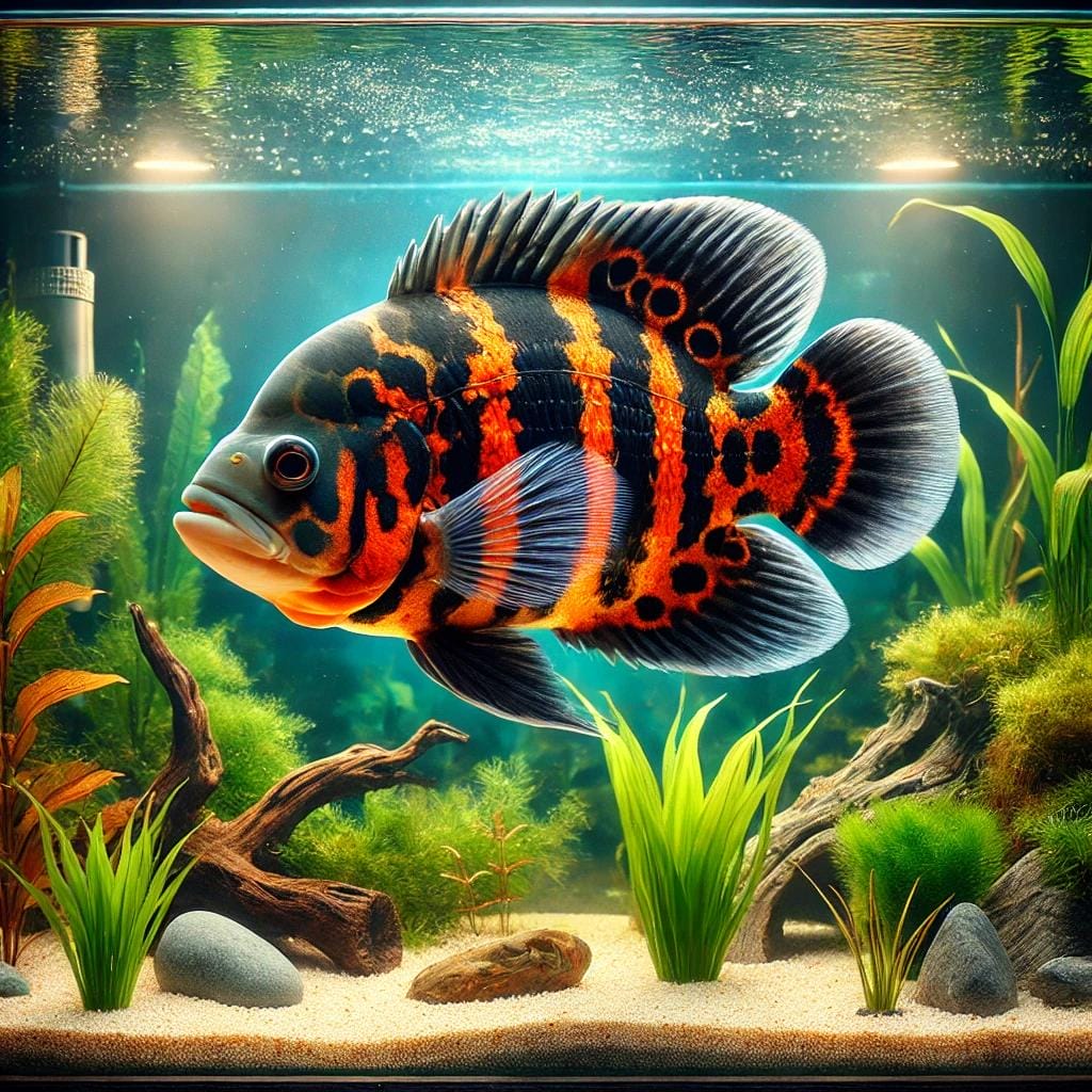 A Tiger Oscar fish swimming 1