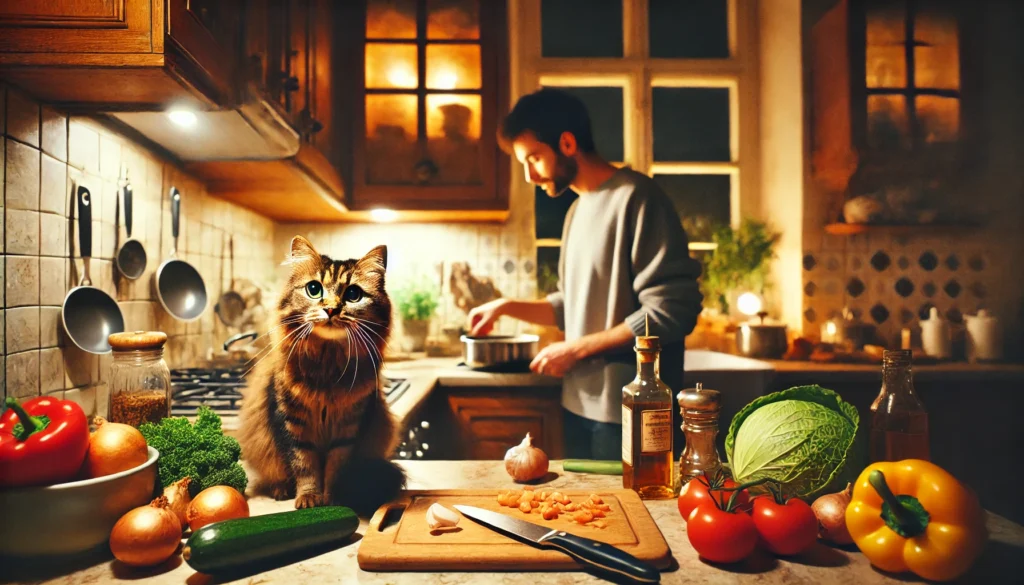 Cat observing owner preparing cat safe human food with measured portions